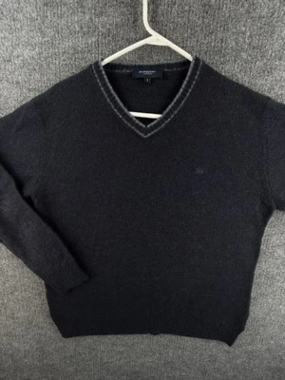 Burberry London Logo Soft Pullover Blue Long Sleeve V-Neck 7 Wool Nylon Angora